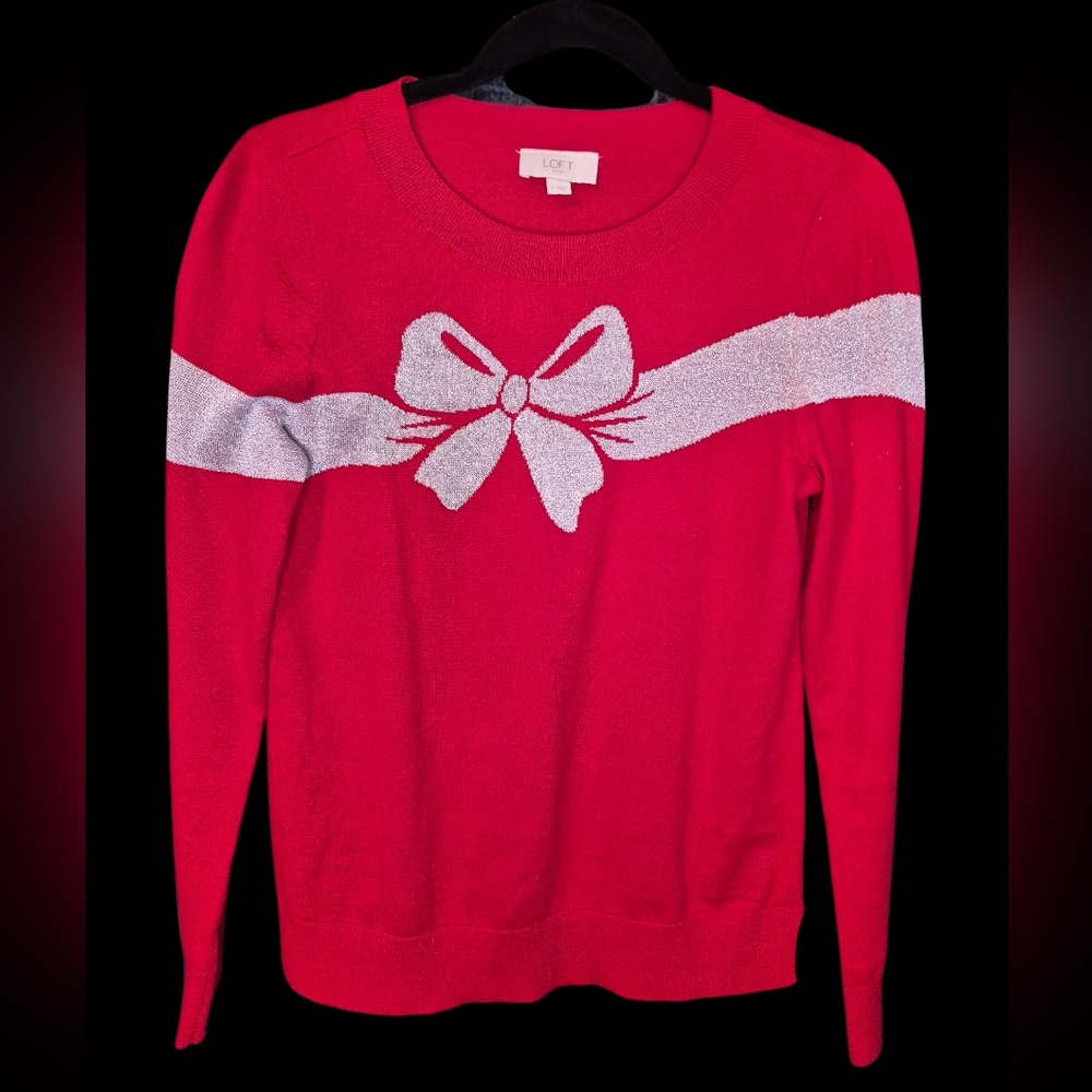LOFT Vibrant Red Sweater with Silver Bow Accent